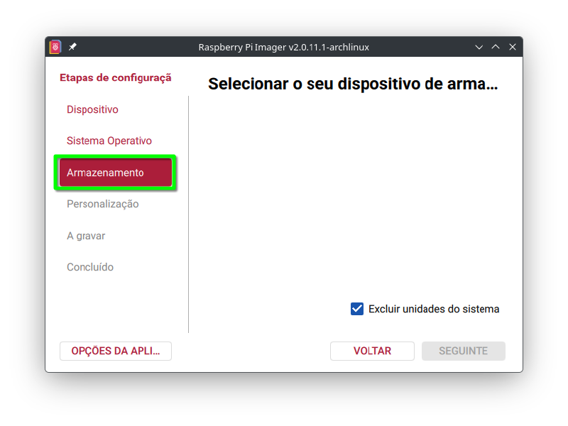 Selecciona o cartão microSD para ser gravada a imagem